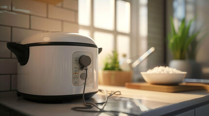 The power cord of a rice cooker plugged into a wall outlet ready to cook a batch of rice.