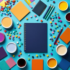 Blue notebook is placed amidst a riot of colors - paint splatters and confetti strewn. The flat lay top view presents an empty space, inviting the viewers imagination to fill it with words and ideas.