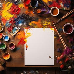 An artists table is covered in a riot of colors, with pots of paint scattered everywhere. Brushes are poised, ready to bring this blank canvas to life with a burst of creativity and inspiration