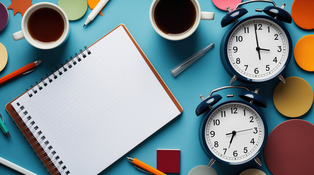 Time captured: Two alarm clocks rest beside a blank notebook on a serene blue surface, symbolizing the opportunity to seize time and fill it with inspired thoughts and ideas