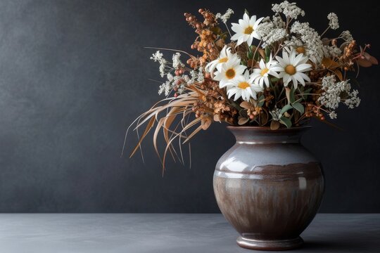 Funeral concept flower arrangement and ashes in urn on black backdrop