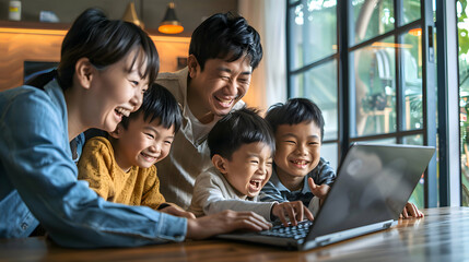 Happy asian parents and three kids enjoying online entertainment with laptop, using Internet technology, application, communication, looking at computer screen together, laughing - obrazy, fototapety, plakaty