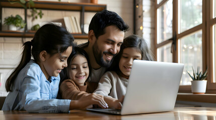 Happy latin parents and two kids enjoying online entertainment with laptop, using Internet technology, application, communication, looking at computer screen together, laughing