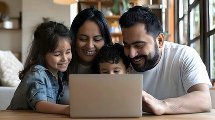 Happy latin parents and two kids enjoying online entertainment with laptop, using Internet technology, application, communication, looking at computer screen together, laughing