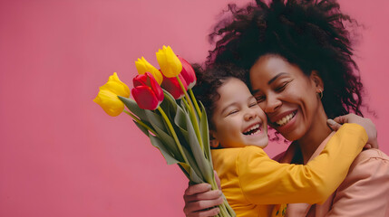 Little black daughter congratulating and hug mother and give her flowers for mothers day isolated on pink background. Happy ethnic family concept. Happy mother's day - obrazy, fototapety, plakaty