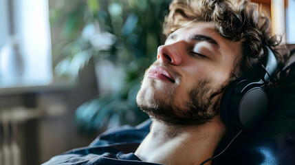  handsome young man relaxing on the couch with headphones listening to music or podcast. attractive...
