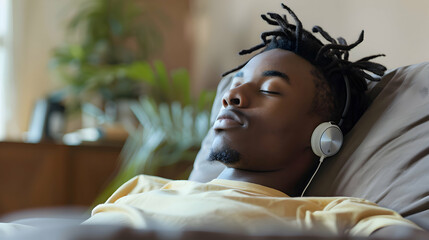 handsome african american young man relaxing with closed eyes on the couch with headphones...