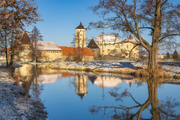 Obraz premium Svihov castle in winter, medieval landmark in Region Pilsen in Czech Republic, Europe.