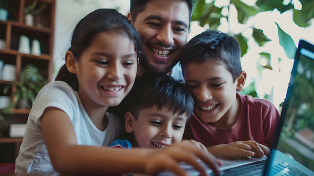 Happy latin parents and two kids enjoying online entertainment with laptop, using Internet technology, application, communication, looking at computer screen together, laughing