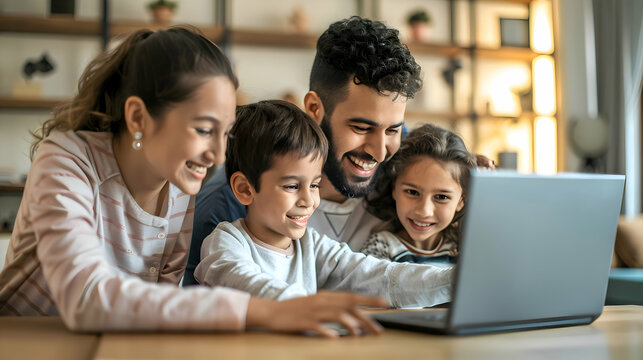 Happy latin parents and two kids enjoying online entertainment with laptop, using Internet technology, application, communication, looking at computer screen together, laughing