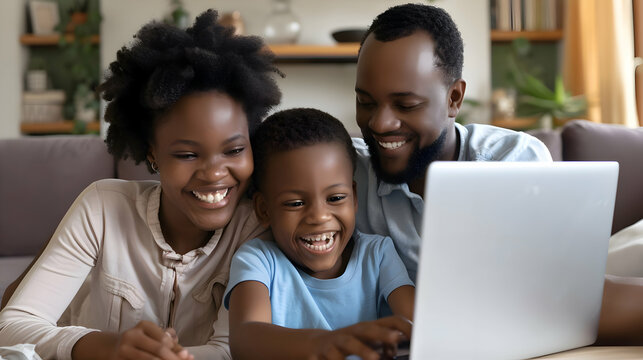 Happy black family of parents and one boy child enjoying online entertainment with laptop, using Internet technology, application, communication, looking at computer screen together, laughing