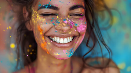 Holi Festival Of Colours. Young Indian woman with a joyful expression covered with colorful Holi powder and smiling brightly. Powder paint in in Goa Kerala - obrazy, fototapety, plakaty