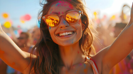 Holi Festival Of Colours. Young woman with a joyful expression covered with colorful Holi powder and smiling brightly. Happy female having fun in crowd at Holi, summer party or music festival - obrazy, fototapety, plakaty