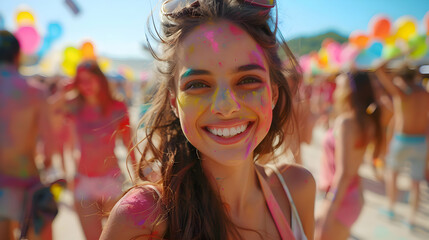 Holi Festival Of Colours. Young woman with a joyful expression covered with colorful Holi powder and smiling brightly. Happy female having fun in crowd at Holi, summer party or music festival