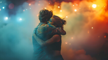 Holi festival of colours. beautiful indian Couple covered with colorful Holi powder hugging joyfully at Holi festival, summer party or music festival