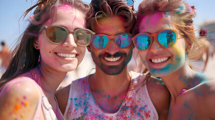 group of friends covered with colorful Holi powder at Holi festival. Holi Festival Of Colours. Happy group of friends having fun in crowd at Holi, summer party or music festival