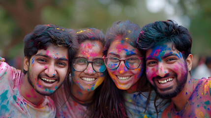 group of friends covered with colorful Holi powder at Holi festival. Holi Festival Of Colours. Happy group of friends having fun in crowd at Holi, summer party or music festival - obrazy, fototapety, plakaty