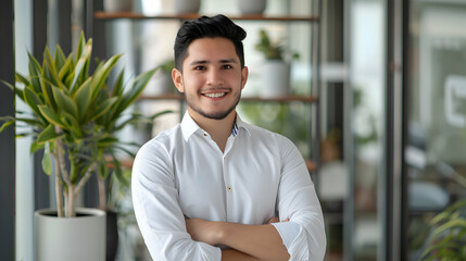 Positive beautiful young hispanic business man posing in office with hands folded, looking at camera with toothy smile. Happy latin male entrepreneur, corporate head shot portrait