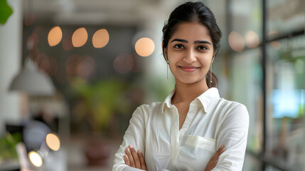 Positive beautiful young indian business woman posing in office with hands folded, looking at camera with toothy smile. Happy female entrepreneur, professional, worker girl head shot portrait