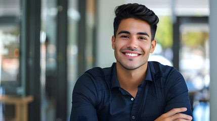Positive beautiful young hispanic business man posing in office with hands folded, looking at camera with toothy smile. Happy latin male entrepreneur, corporate head shot portrait