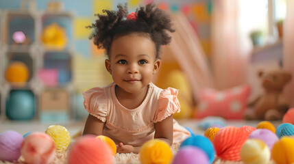 beautiful african american baby girl playing in the living room. Black child sitting on the floor and playing with toys indoor. Gentle parenting. 
