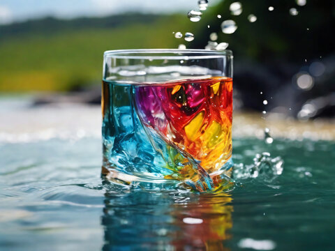 Farbcocktail in einem Glas schwebt &uuml;ber das blaue Wasser eine Bergsees. 