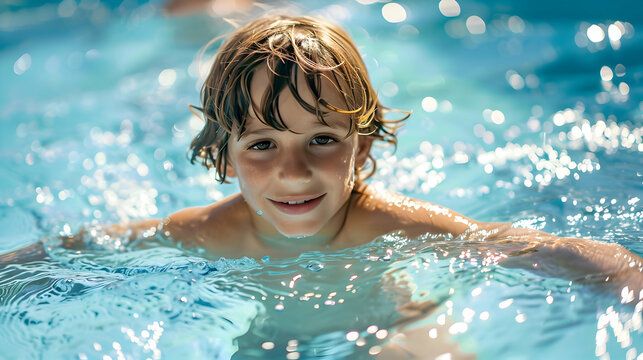 boy swimming in pool during summer vacation. Happy kid having fun swimming, Healthy lifestyle, people water sport activity, swimming lessons on holidays with kids.