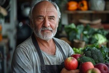 A man in casual clothing stands proudly at a local market, surrounded by an array of vibrant fruits...