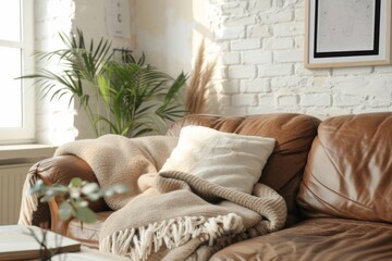Real photo of a white flat interior with a table leather couch blanket poster and plants
