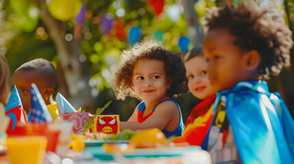 a group of mulitethnical children celebrating a outdoor superhero birthday party in the park. Kids wearing capes at a party table with food. - Powered by Adobe
