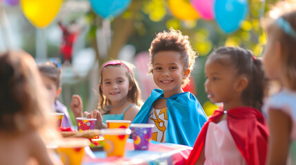 a group of mulitethnical children celebrating a outdoor superhero birthday party in the garden. Kids wearing capes at a party table with food.
