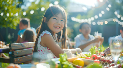 Portrait of a beautiful asian girl sitting at the table at a outdoors summer barbecue party with food and drinks. Happy family having lunch at the restaurant terrrace