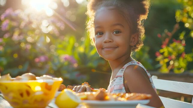 Portrait of a beautiful african american girl sitting at the table at a outdoors summer barbecue party with food and drinks. Happy black family having a picnic at the park toghether with friends.