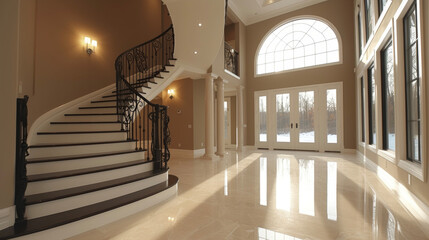 The stunning contrast of black wrought iron balusters against light maple steps and a white...