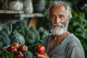 A bearded man proudly showcases a freshly picked apple from his local greengrocer, embodying the...