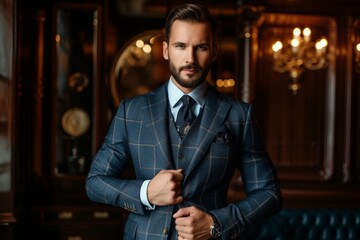 Stylish man posing indoors in a tailored suit