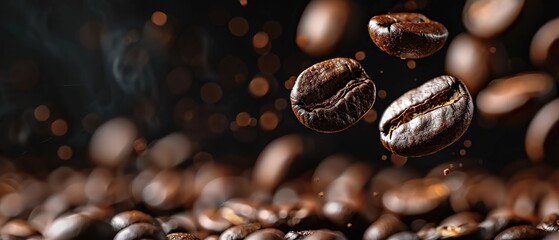 Fototapeta premium Coffee beans in flight on a dark background