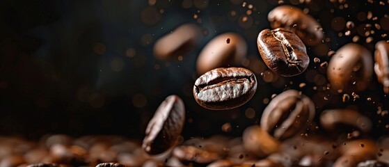 Obraz premium Coffee beans in flight on a dark background