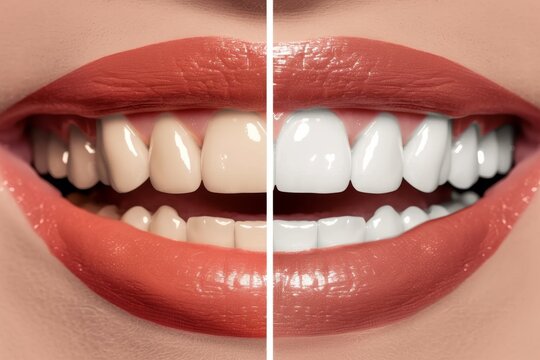 Image Before and after teeth whitening procedure featuring a close up of a woman s mouth with big lips open wide showcasing straight beautiful teeth Maintain ora