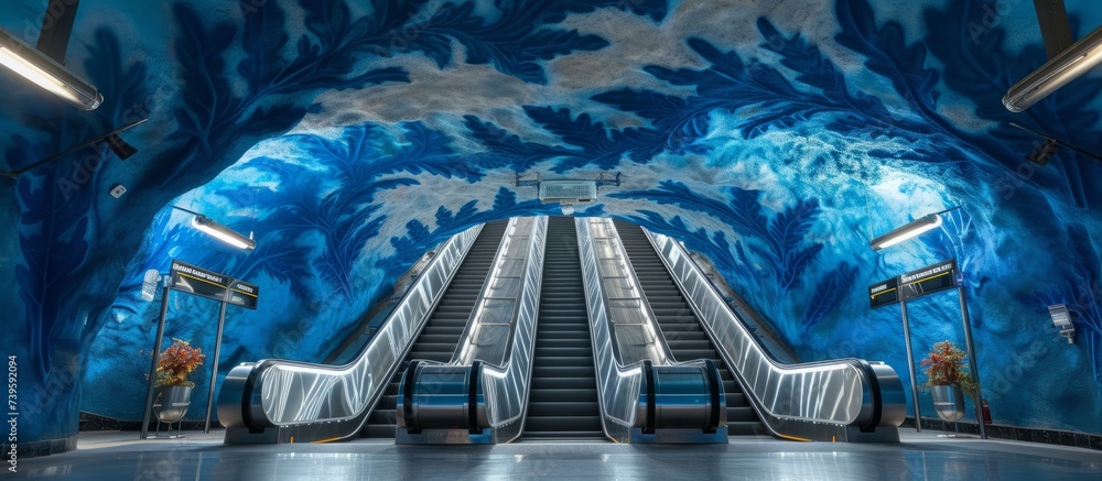 Aufkleber serene blue and white mural painting on wall with intricate design and patterns creating a tranquil 