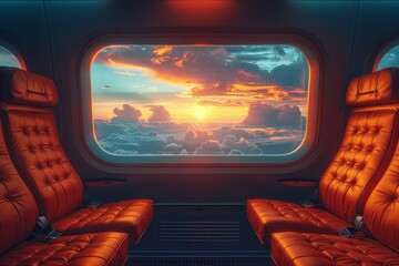 Transported above the horizon, a plane window reveals a vibrant sunset sky, inviting wonder and...