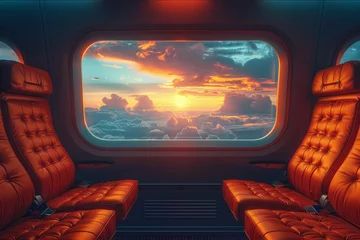 Fototapeten Transported above the horizon, a plane window reveals a vibrant sunset sky, inviting wonder and serenity in the endless expanse of clouds © familymedia