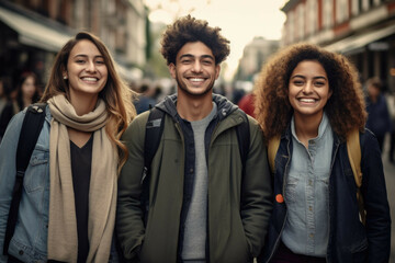 college students with smiling friends in city