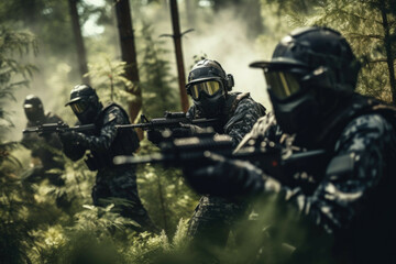 Fototapeta premium Friends having a paintball battle in a forest
