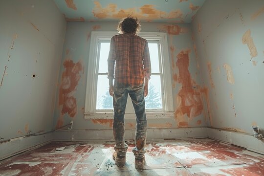 As the abandoned room's plaster walls crumble, a lone person stands, their clothing and footwear hinting at a forgotten past, gazing out the window at a decaying world as a painting on the floor begs
