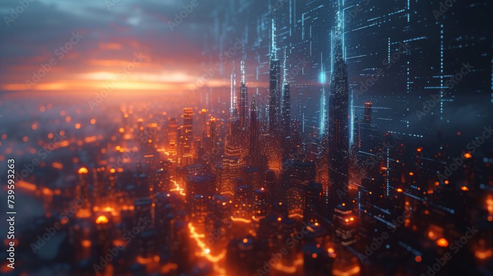 Poster a 3d data visualization of ecommerce growth is depicted in the form of a futuristic city skyline wit