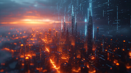 A 3D data visualization of eCommerce growth is depicted in the form of a futuristic city skyline with the tallest buildings representing the countries with the highest online - obrazy, fototapety, plakaty