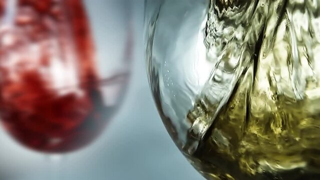 White wine is poured into a glass close-up against the background of a glass with pouring red wine. White and red wine are poured into two glasses. 4K macro video. Filmed on high speed cinema camera.