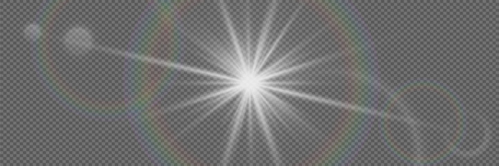 White glowing light, explosion and starburst.Effect with rays and flares. On a transparent background.