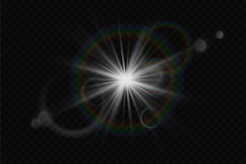 White glowing light, explosion and starburst.Effect with rays and flares. On a transparent background.
